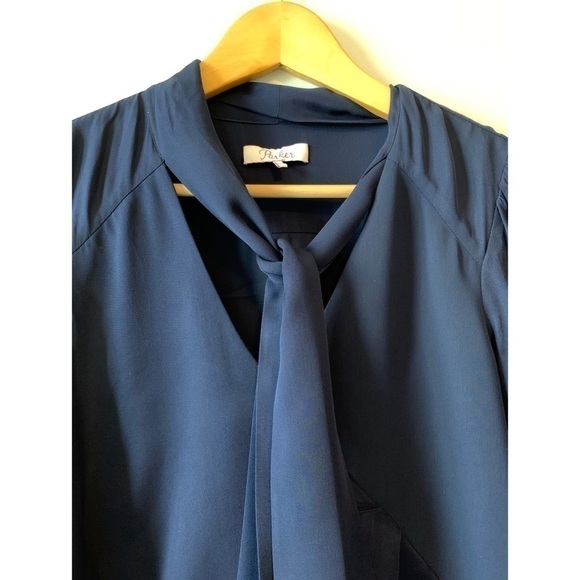 Parker Navy Kenji  Silk mix Ruffle V-neck Long Sleeves Dress Size XS - Picture 5 of 14